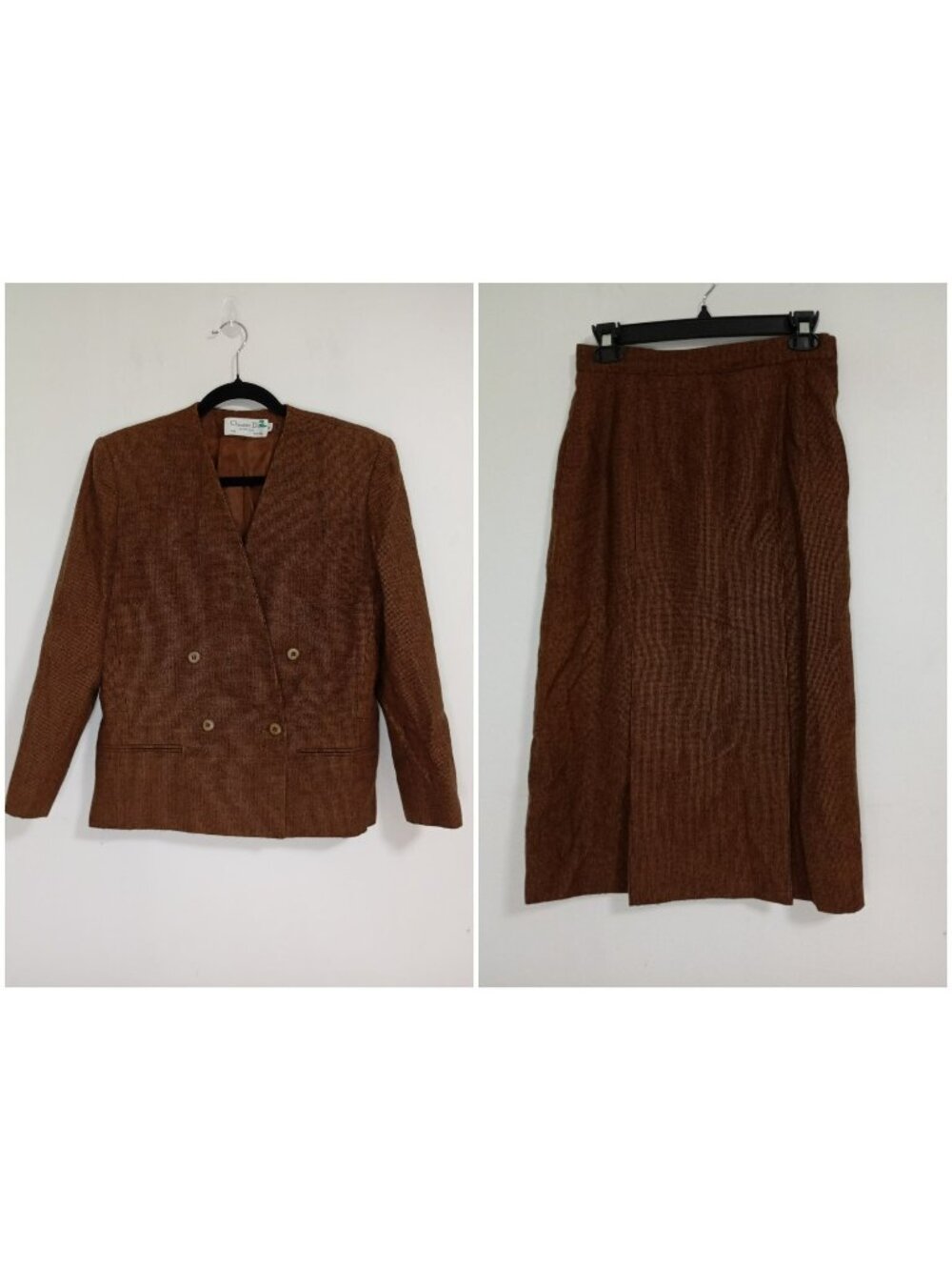 Vintage Christian Dior Le Tailleur Brown Blazer Skirt Suit 100% Wool Women Sz 6